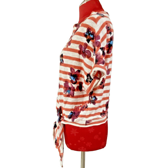 Anthropologie Postage Stamp XS Cropped Tee Shirt Top Red Stripe Floral Tie Waist - Picture 2 of 8